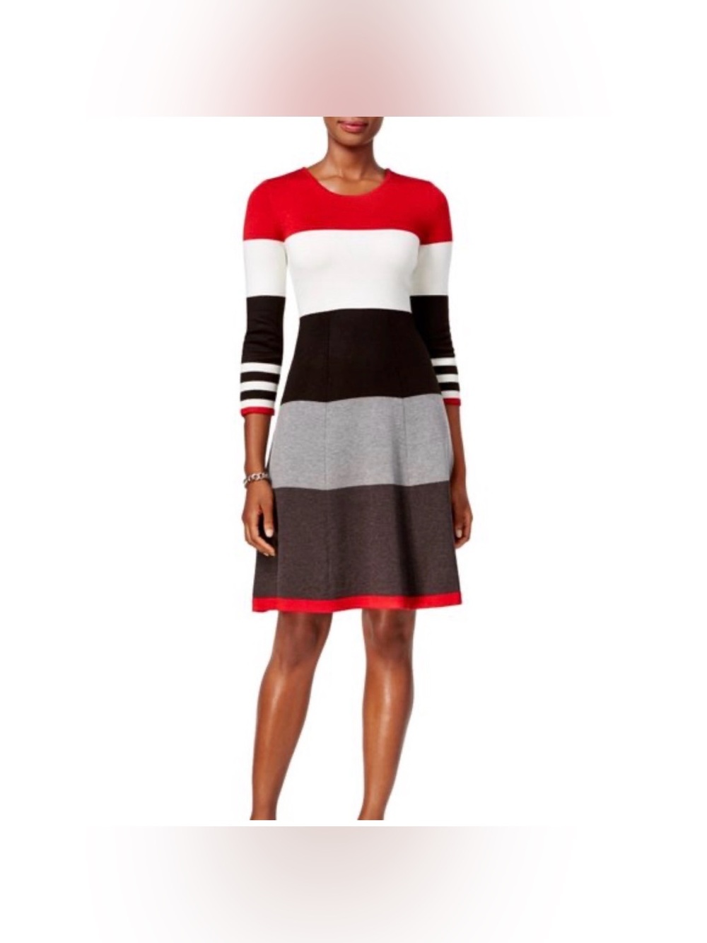 Jessica Red, White, Black & Gray Striped Fit-and-Flare Dress